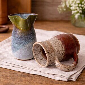 Hand Thrown Stoneware Mug Creamer Set Signed Pottery Artisan Farmhouse Rustic
